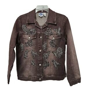 DG2 by Diane Gilman Jacket Women's Small Brown Denim Floral Beaded Pockets EUC